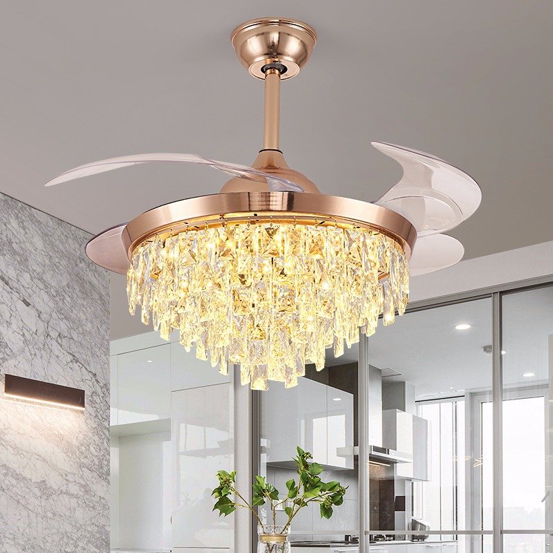 High Quality Modern Crystal LED Ceiling Fan Remote Control Warm White 35W Invisible Fan Blade Traditional Design Wall Control