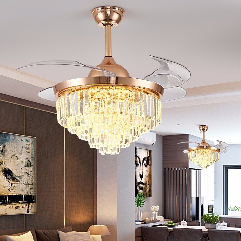 High Quality Modern Crystal LED Ceiling Fan Remote Control Warm White 35W Invisible Fan Blade Traditional Design Wall Control