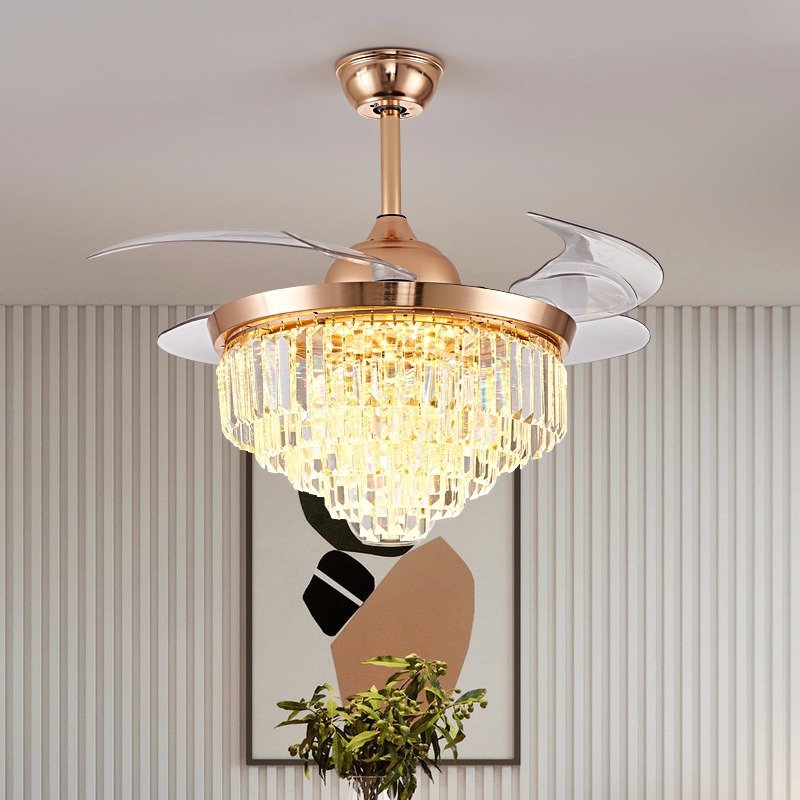 High Quality Modern Crystal LED Ceiling Fan Remote Control Warm White 35W Invisible Fan Blade Traditional Design Wall Control
