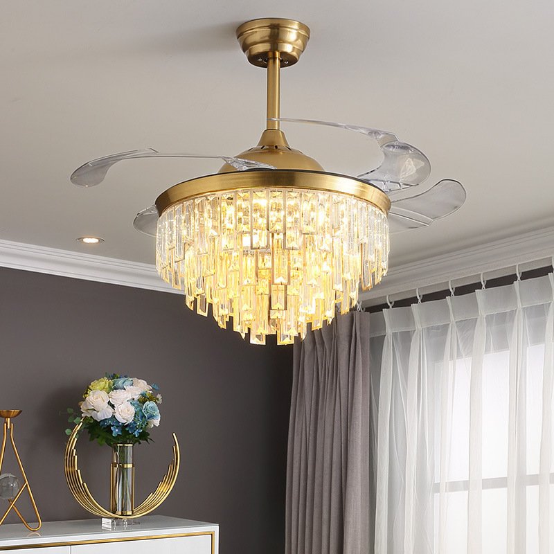High Quality Modern Crystal LED Ceiling Fan Remote Control Warm White 35W Invisible Fan Blade Traditional Design Wall Control