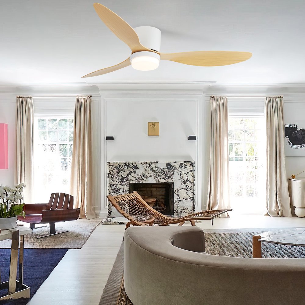 2024 New Ceiling Fan Bedroom Decorative Natural Wood Blades Inverte 3 Color LED Light Ceiling Fan With Remote