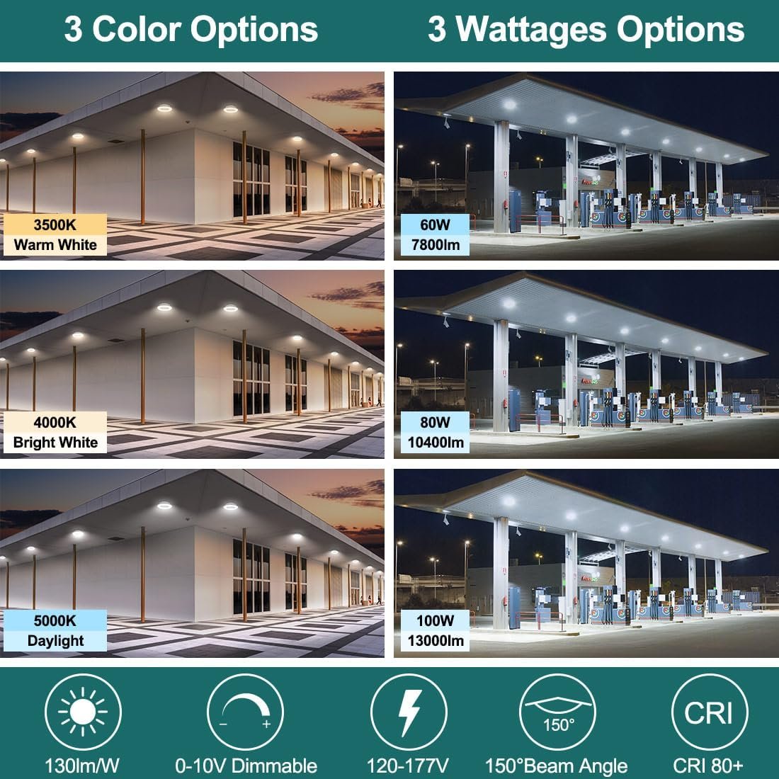 USA IN Stock 100W Selectable Wattage 40/30/20W and CCT 5000/4000/3500K IP65 Gas Station Garage Lighting LED Round Canopy Light