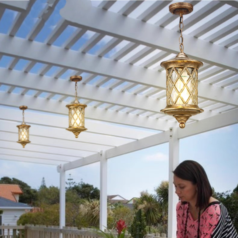 Outdoor pendant light waterproof corridor balcony door ceiling light E27 antique copper courtyard pavilion pendant light LED