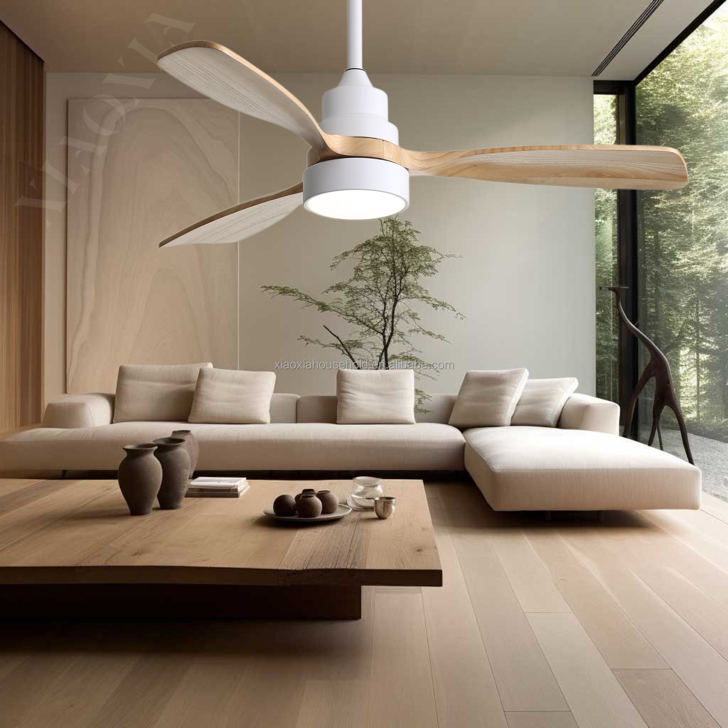 Modern Minimalist Style Indoor Decorative Remote Control 3 Solid Wood Blade Led Ceiling Fan With Light