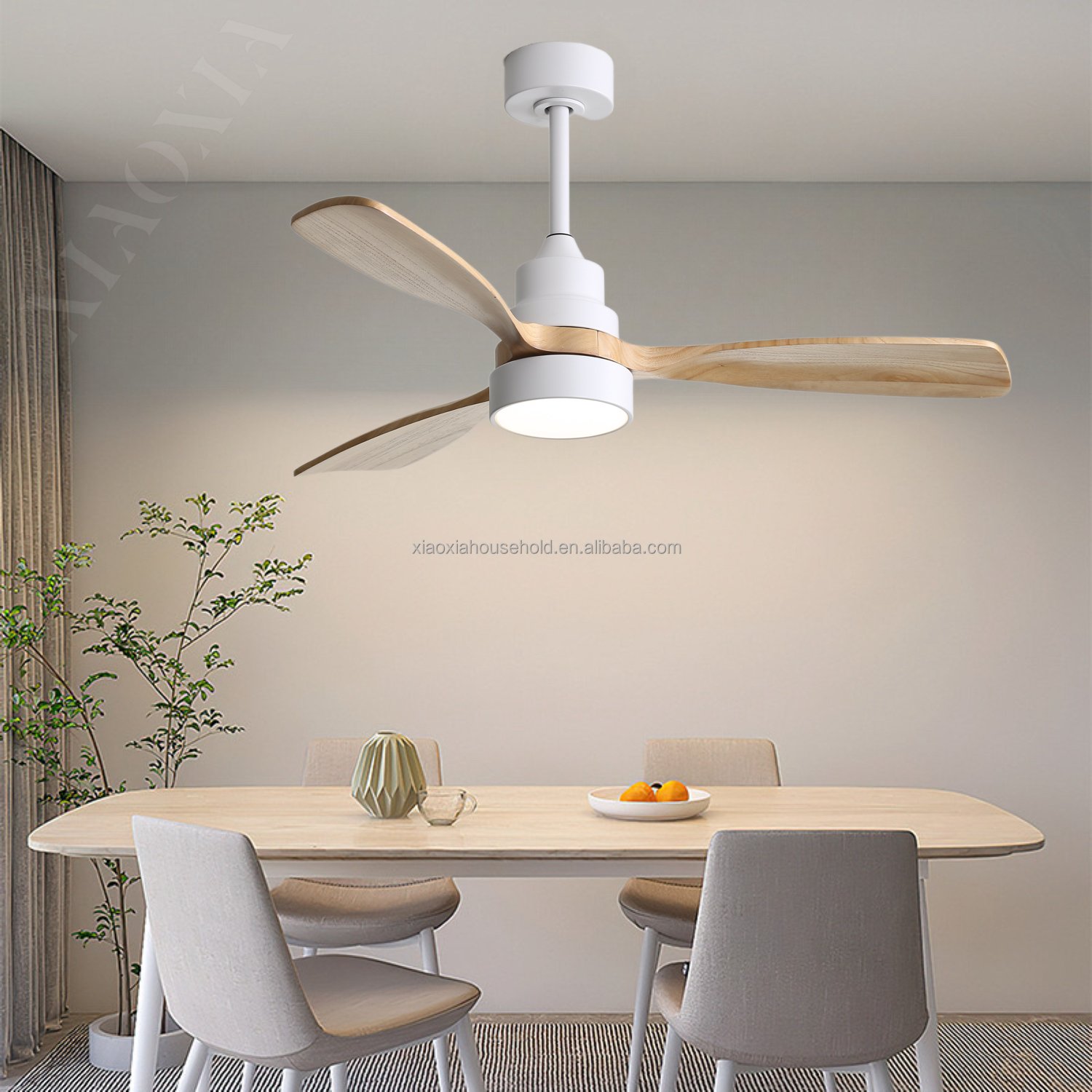 Modern Minimalist Style Indoor Decorative Remote Control 3 Solid Wood Blade Led Ceiling Fan With Light