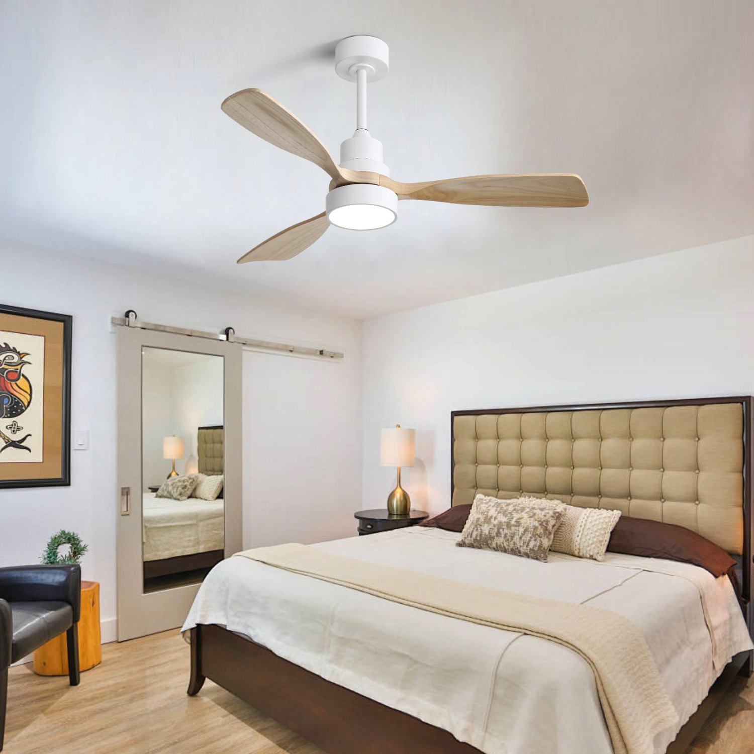 Modern Minimalist Style Indoor Decorative Remote Control 3 Solid Wood Blade Led Ceiling Fan With Light