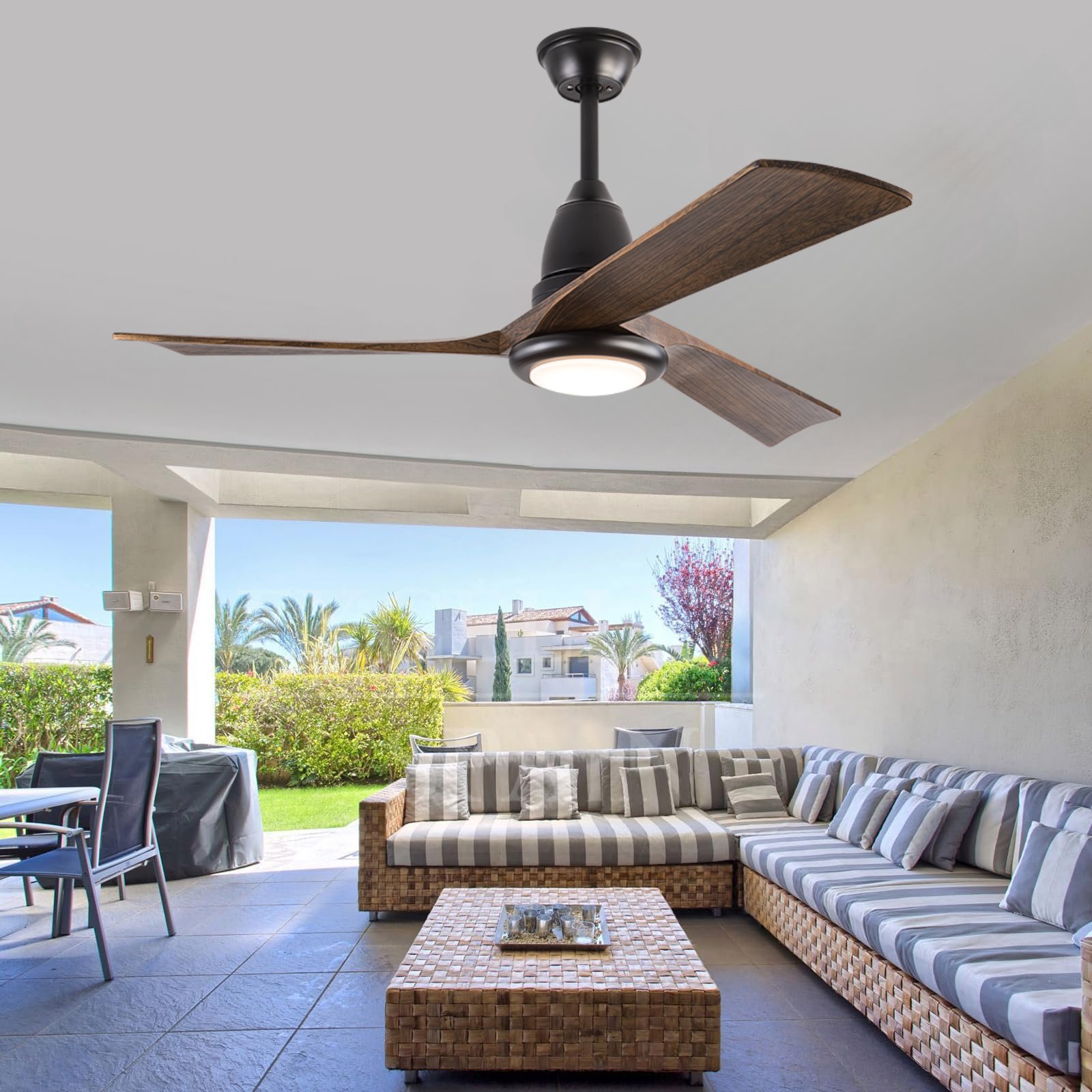 Minimalist 52 inch Black Ceiling Fan 3 Walnut Wood Blade DC Motor Indoor Outdoor LED Ceiling Fan with Light