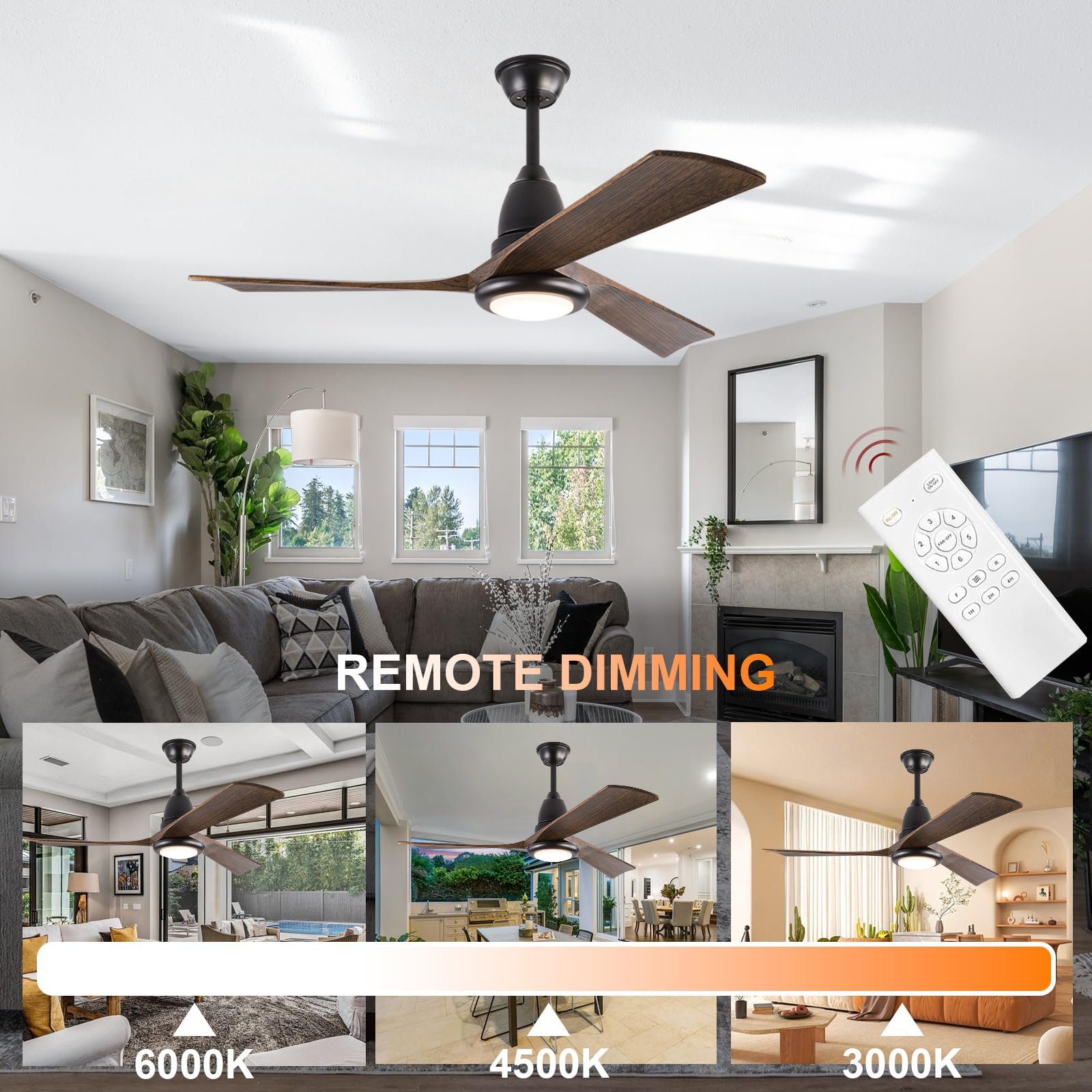 Minimalist 52 inch Black Ceiling Fan 3 Walnut Wood Blade DC Motor Indoor Outdoor LED Ceiling Fan with Light