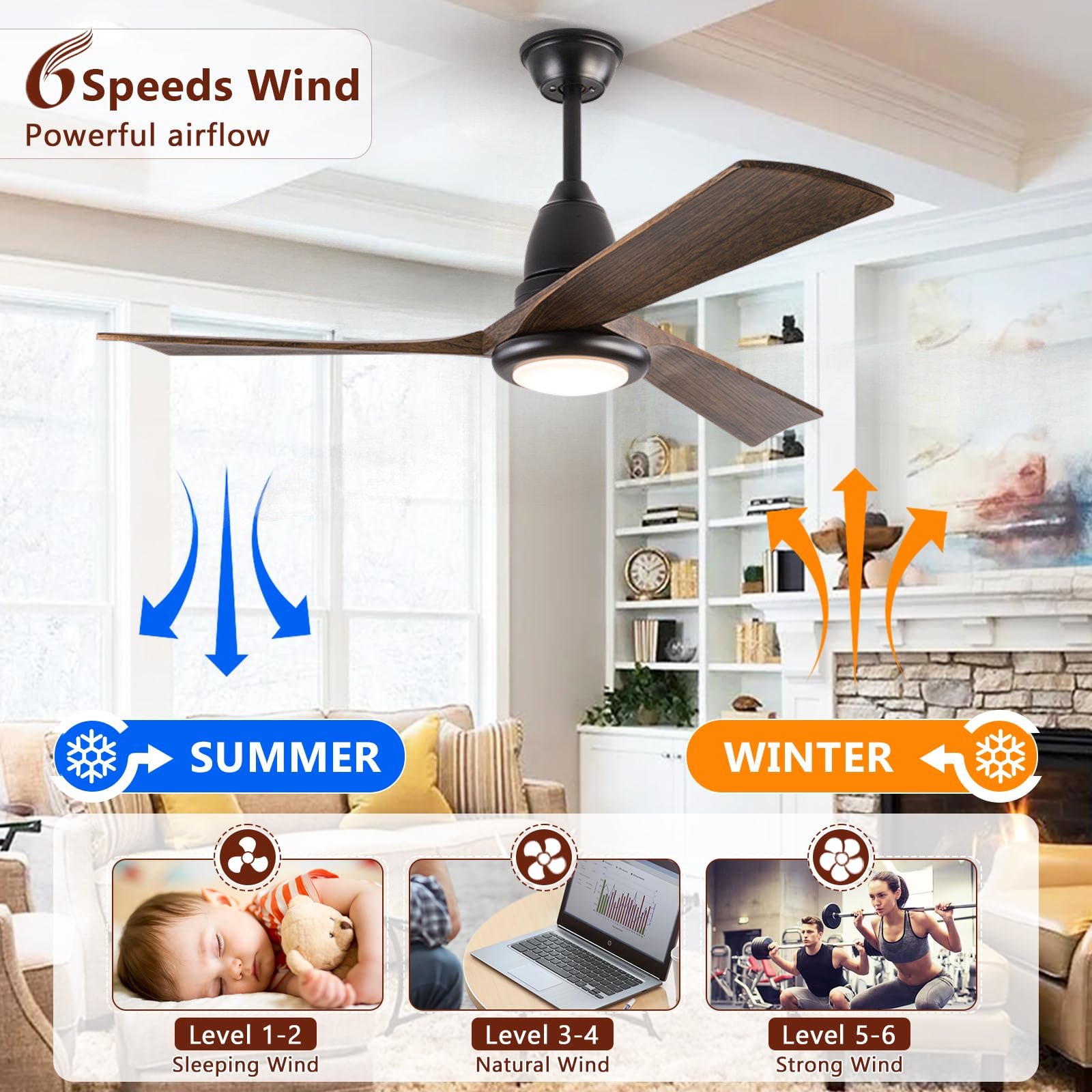 Minimalist 52 inch Black Ceiling Fan 3 Walnut Wood Blade DC Motor Indoor Outdoor LED Ceiling Fan with Light