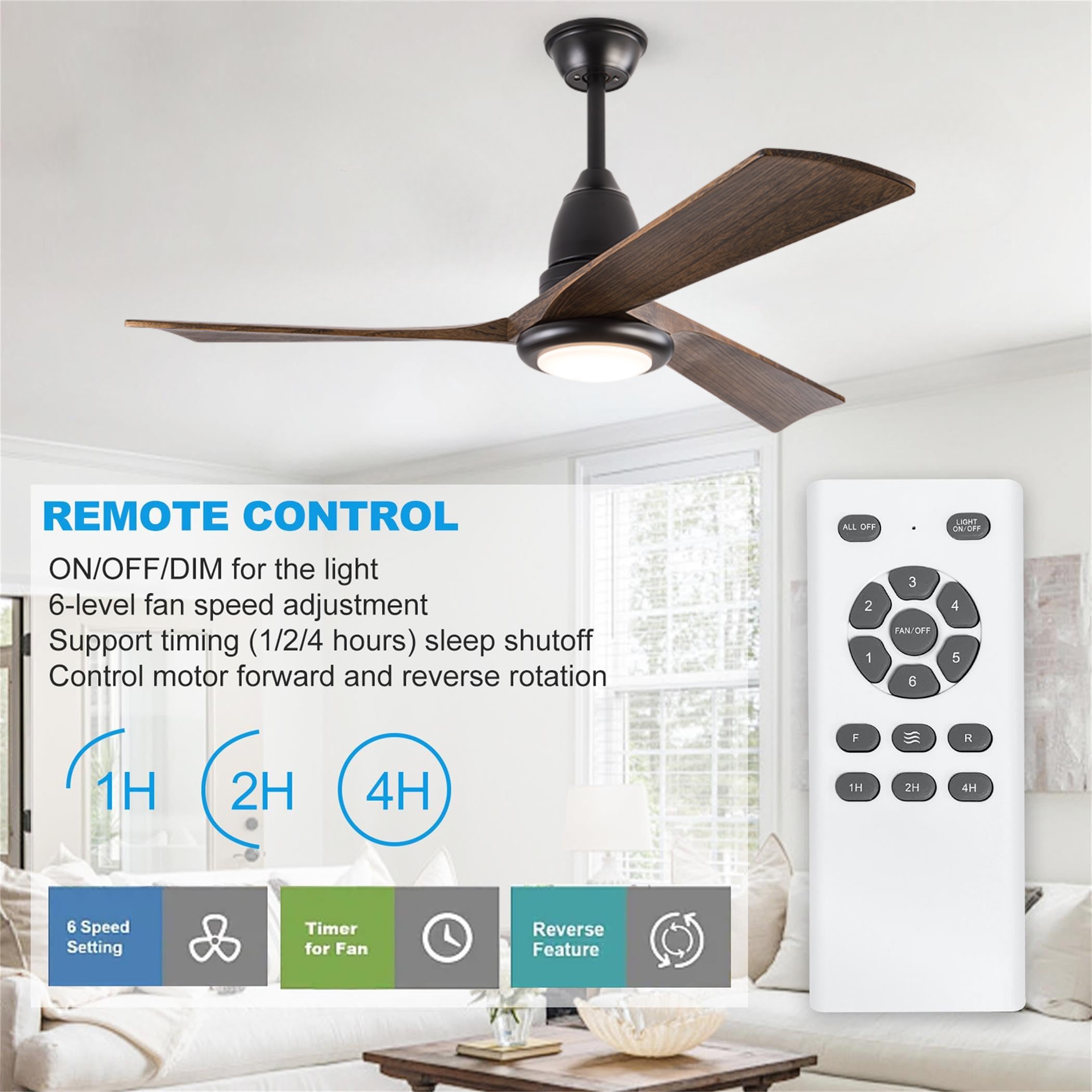 Minimalist 52 inch Black Ceiling Fan 3 Walnut Wood Blade DC Motor Indoor Outdoor LED Ceiling Fan with Light
