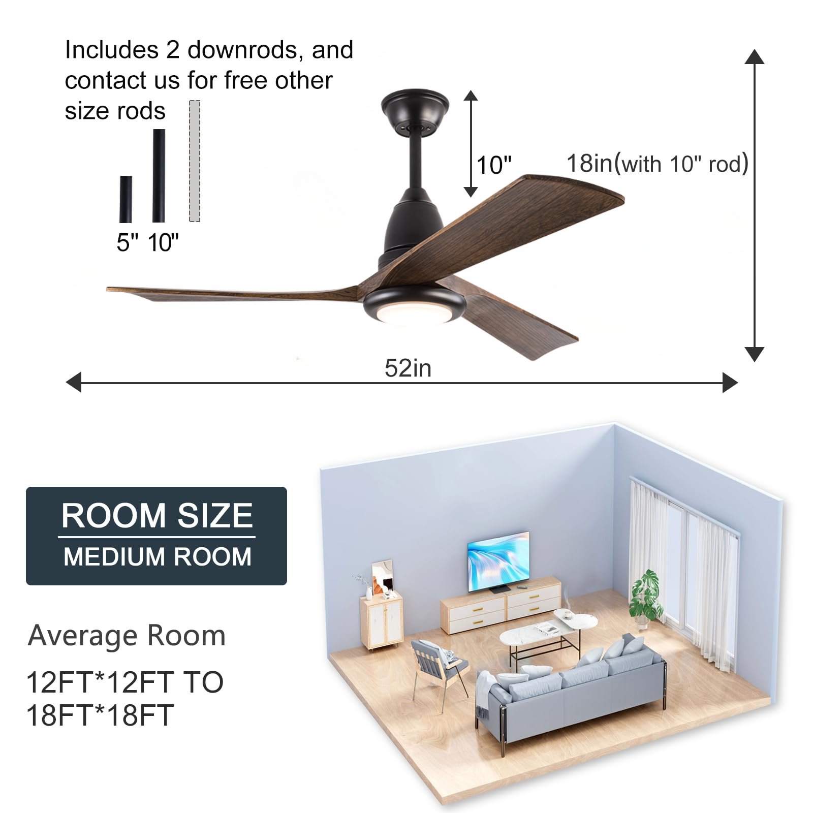 Minimalist 52 inch Black Ceiling Fan 3 Walnut Wood Blade DC Motor Indoor Outdoor LED Ceiling Fan with Light