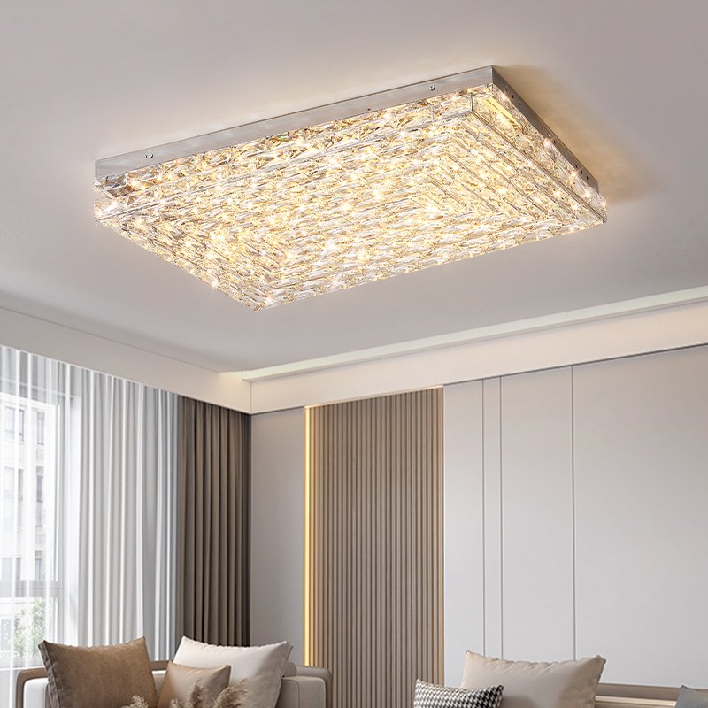 D17.7 Inch Light Luxury Rectangle Crystal Ceiling Light European Stainless Steel LED Ceiling Lamp Bedroom Living Room Villa Lamp