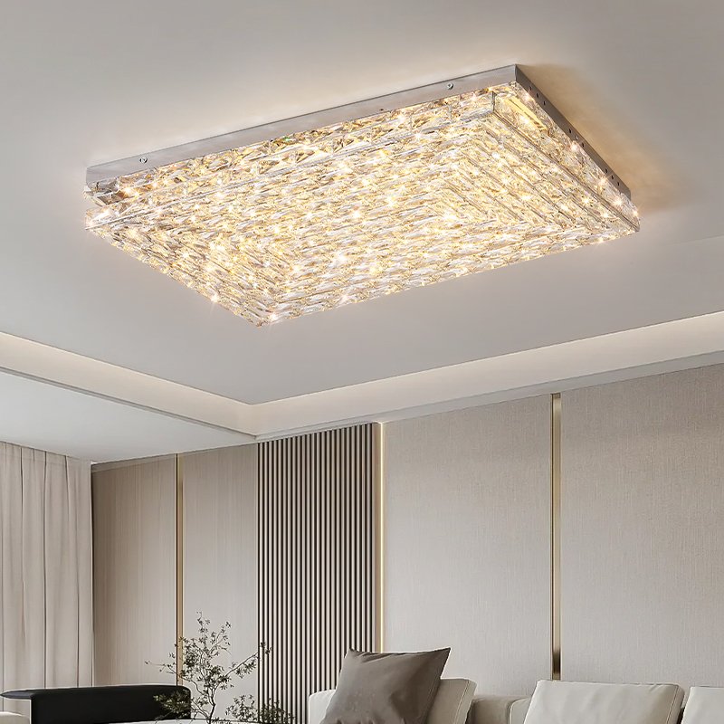 D17.7 Inch Light Luxury Rectangle Crystal Ceiling Light European Stainless Steel LED Ceiling Lamp Bedroom Living Room Villa Lamp