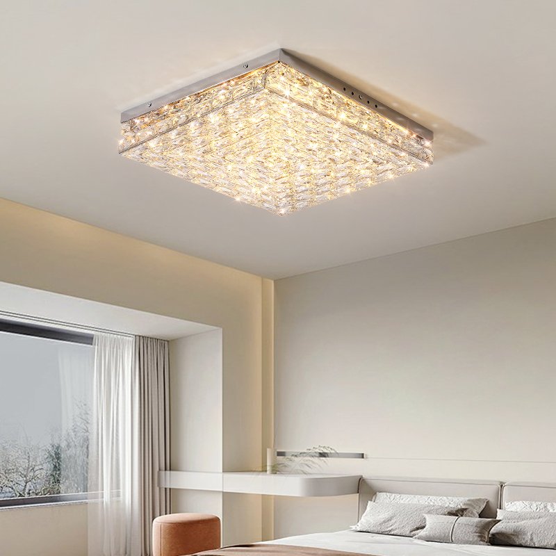 D17.7 Inch Light Luxury Rectangle Crystal Ceiling Light European Stainless Steel LED Ceiling Lamp Bedroom Living Room Villa Lamp