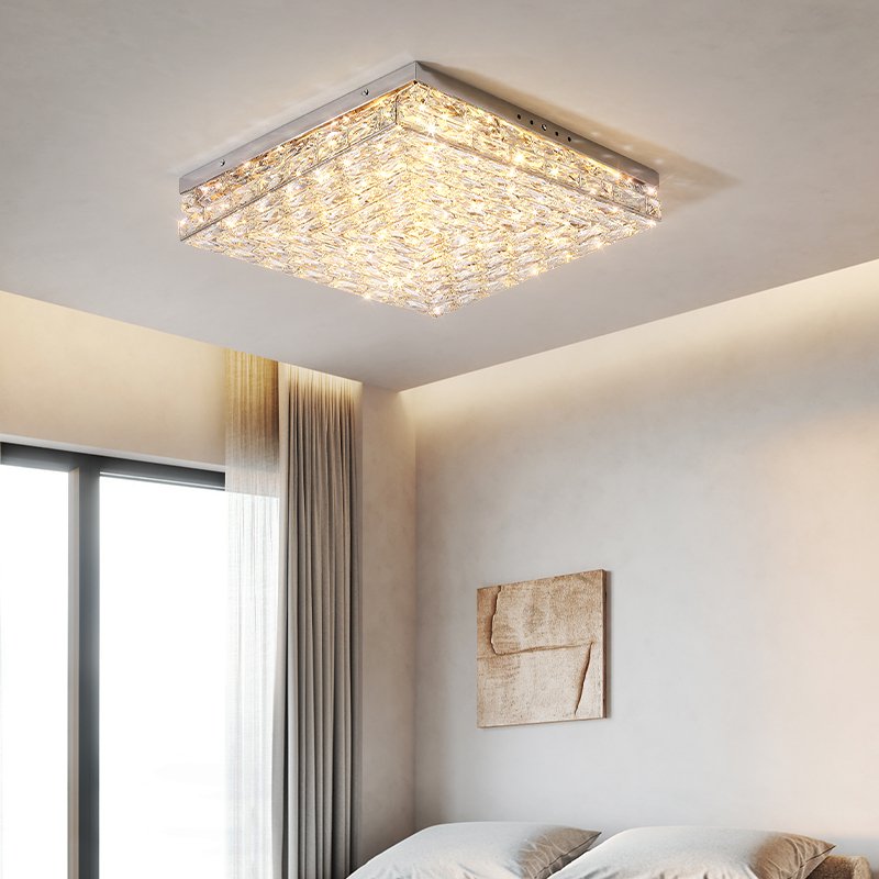 D17.7 Inch Light Luxury Rectangle Crystal Ceiling Light European Stainless Steel LED Ceiling Lamp Bedroom Living Room Villa Lamp