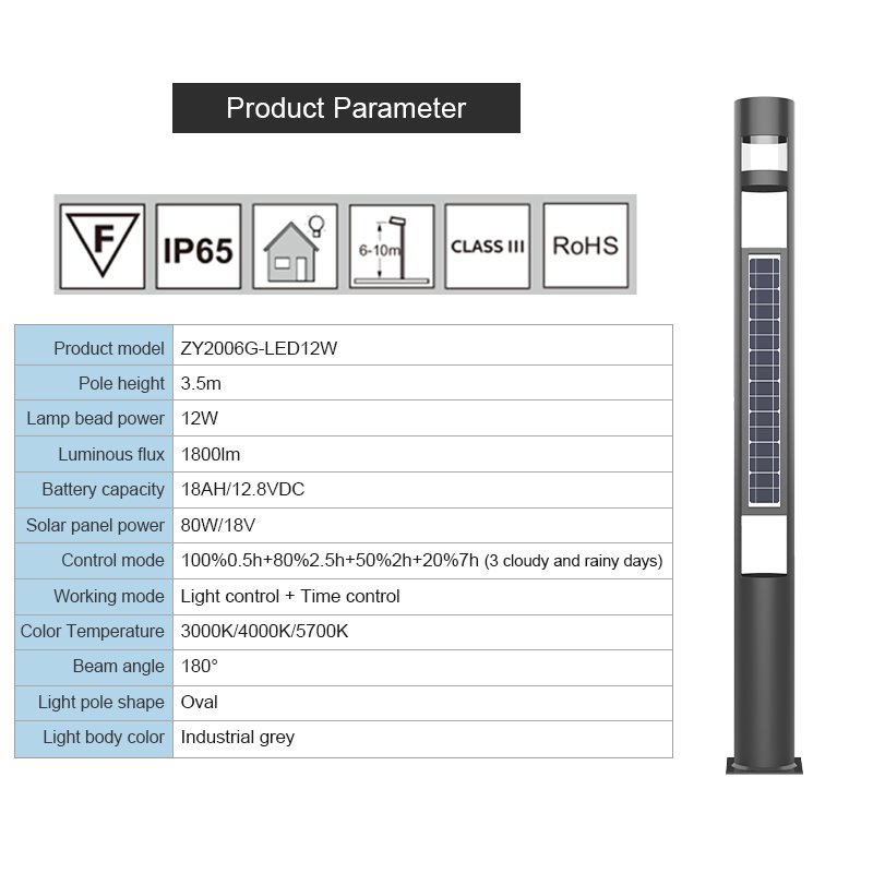 COLL Modern Designed 12w Oval Solar Light Pole Shape Bright Solar Light LED Solar Power Garden IP65 3 Cloudy and Rainy Days 120