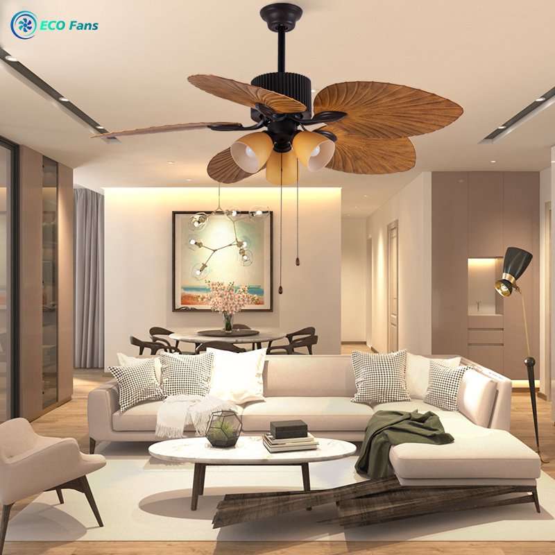 ECO Fan Light Villa Living Room Retro Southeast Asia Electric Fan Ceiling Light Home Inverter Remote Control Acrylic Large Fan