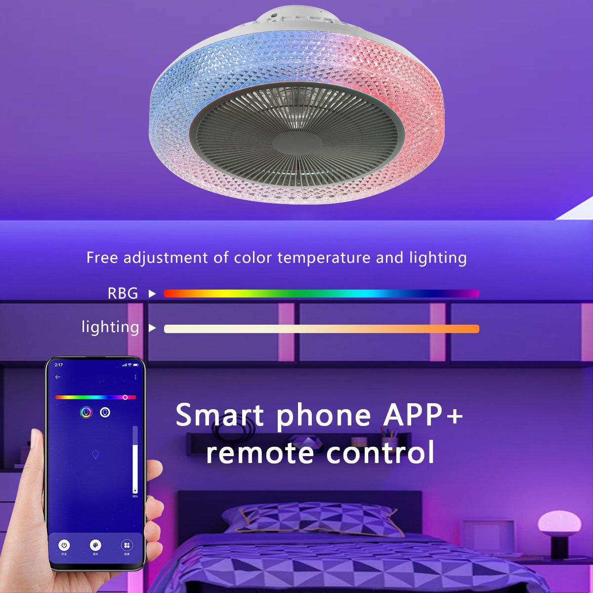 RGB Ceiling Fan Intelligent Nordic Luxury Restaurant Living Room Bedroom Variable Frequency Silent Integrated Fan Light