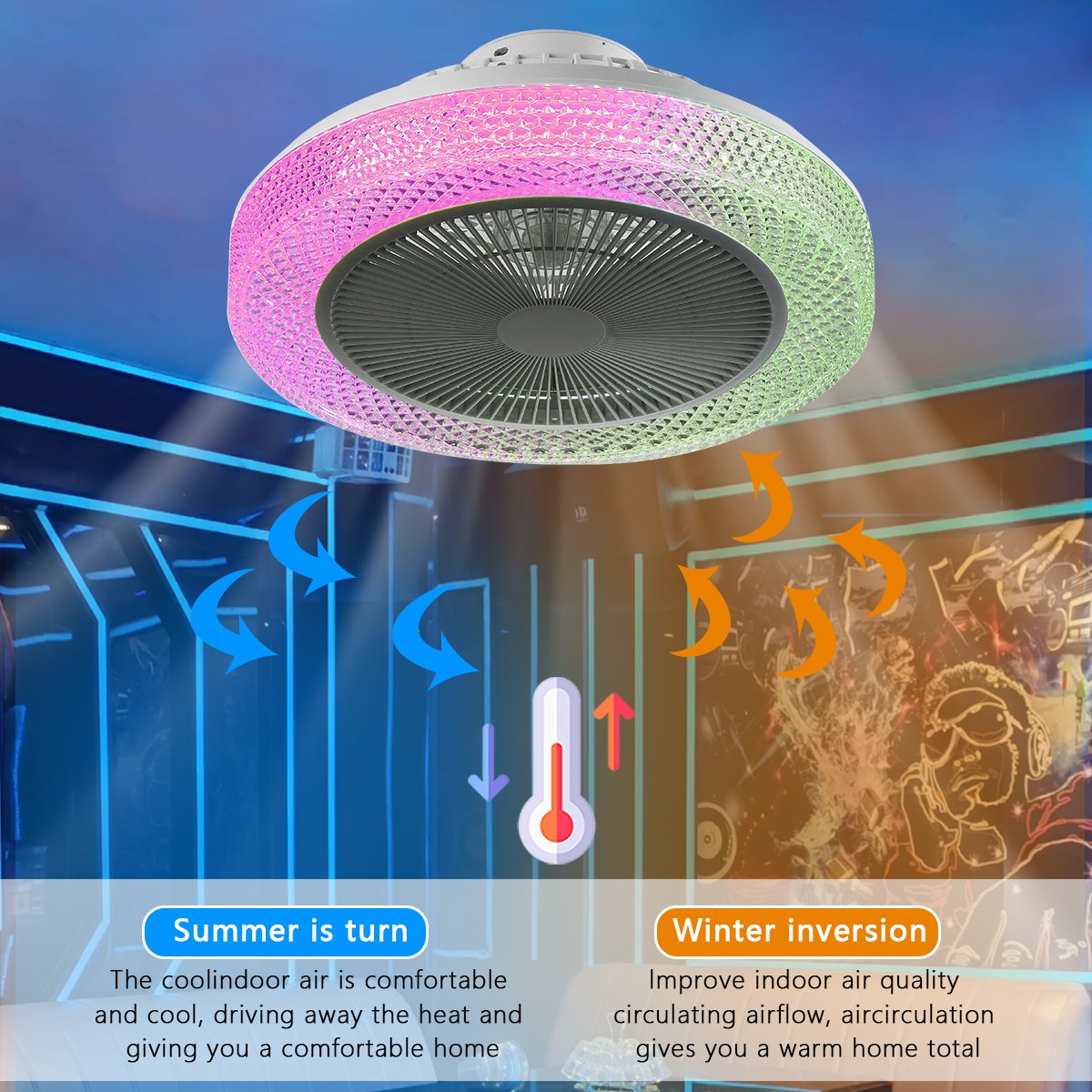 RGB Ceiling Fan Intelligent Nordic Luxury Restaurant Living Room Bedroom Variable Frequency Silent Integrated Fan Light
