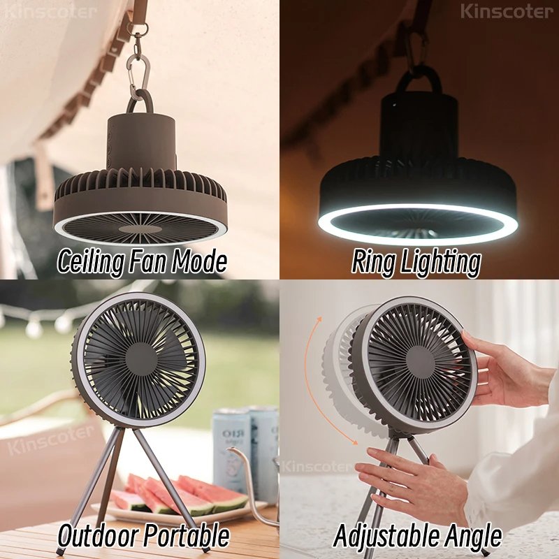 Multifunction Home Appliances USB Chargeable Desk Tripod Stand Air Cooling Fan with Night Light Outdoor Camping Ceiling Fan