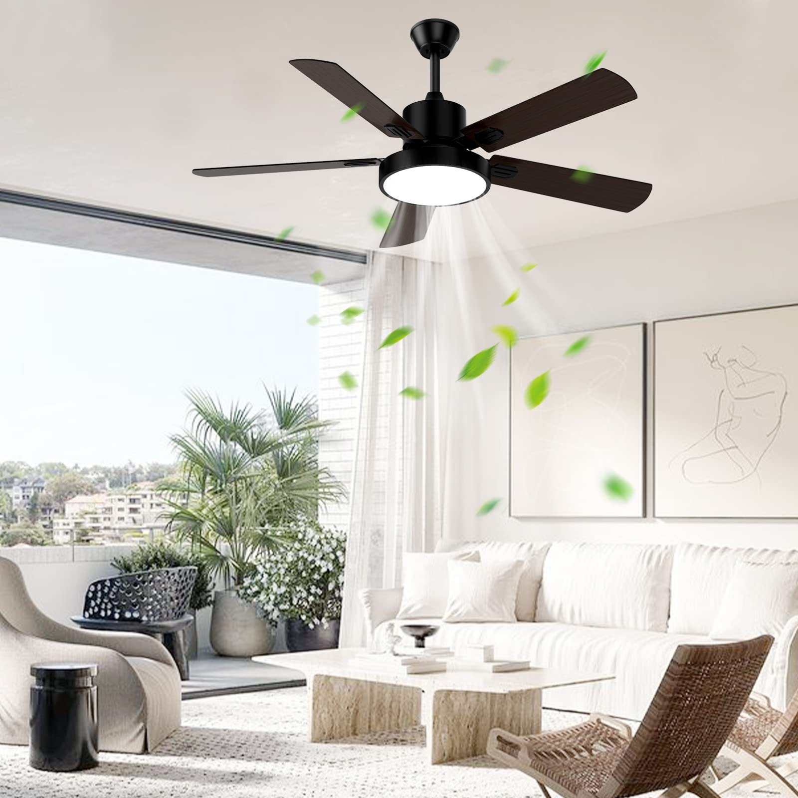 52" Modern Matte Black Ceiling Fan with Light Indoor Outdoor Remote Reversible DC Motor Patios/Farmhouse Ceiling Fan
