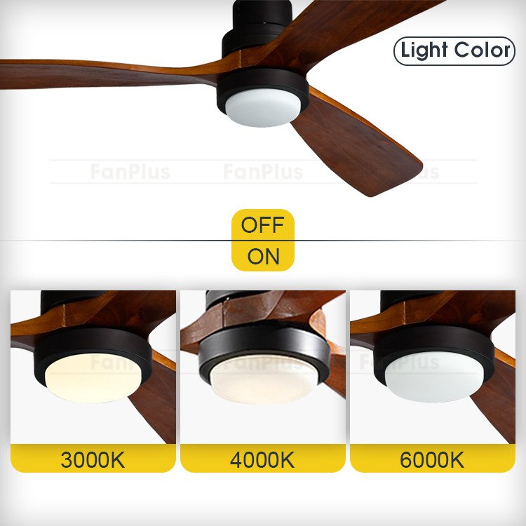 52 Inch Fans Lamp Metal 3 Solid Wooden Blade Home Led Remote control Nordic modern LED Ceiling Fan With Light