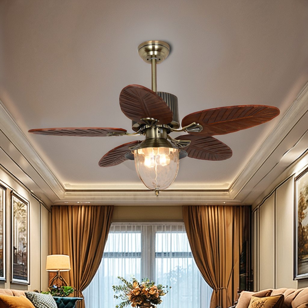 52-Inch Wood Blades Indoor/Outdoor Ceiling Fan Light AC Home Decorative Retro Remote Control Fan Light