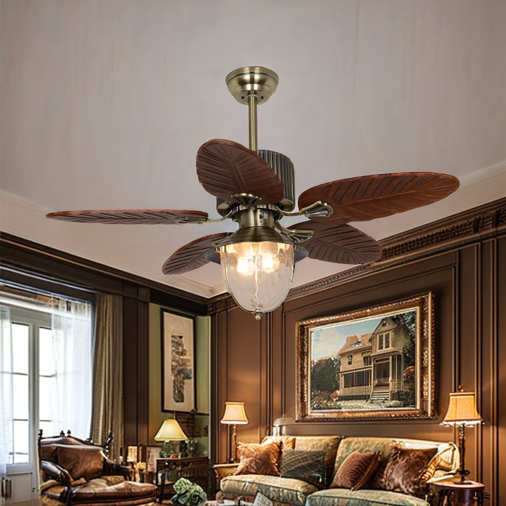 52-Inch Wood Blades Indoor/Outdoor Ceiling Fan Light AC Home Decorative Retro Remote Control Fan Light