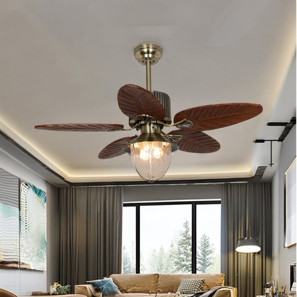 52-Inch Wood Blades Indoor/Outdoor Ceiling Fan Light AC Home Decorative Retro Remote Control Fan Light