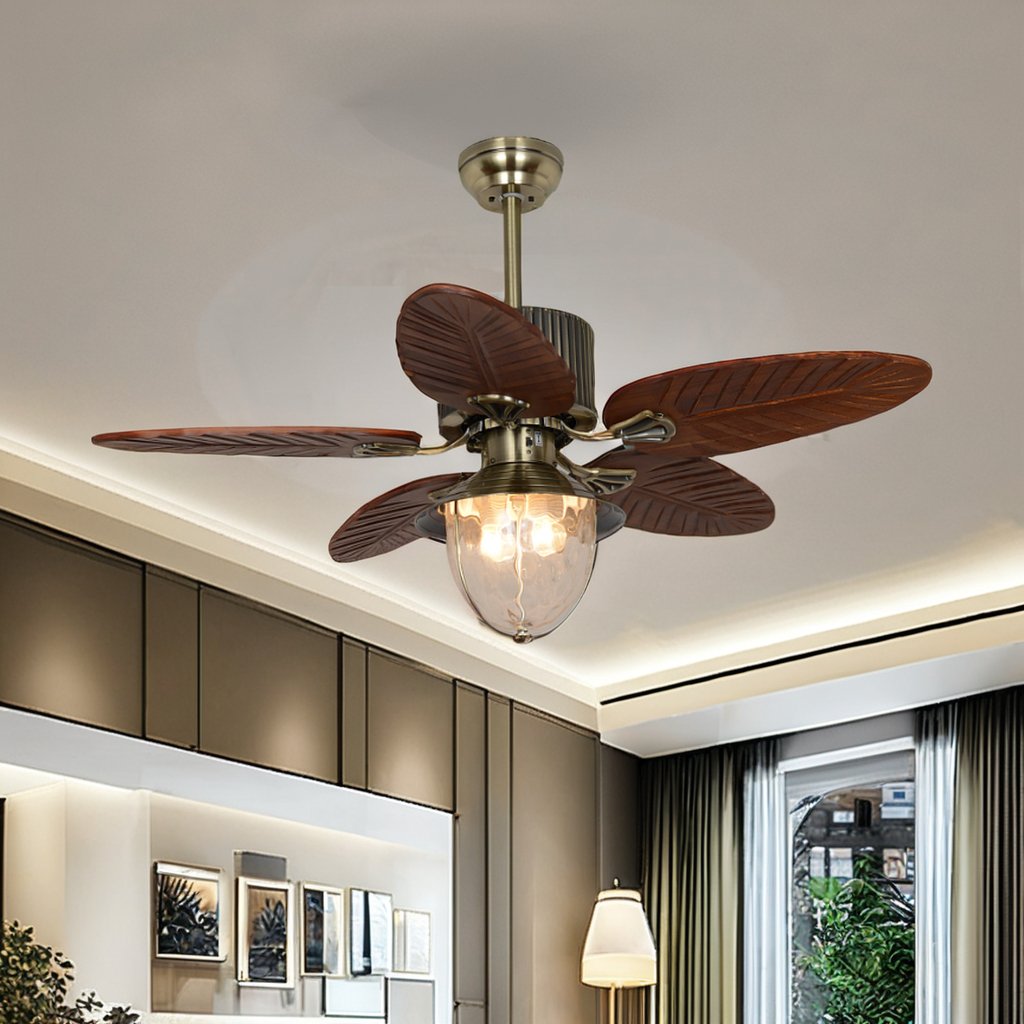 52-Inch Wood Blades Indoor/Outdoor Ceiling Fan Light AC Home Decorative Retro Remote Control Fan Light