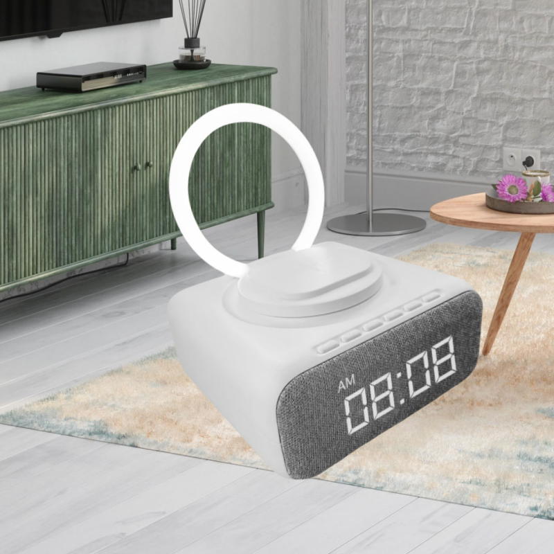 Fashion Wireless Charging Fm Alarm Clock Bedside Nightlight Led Digital Display Cloth Blue Tooth Speaker