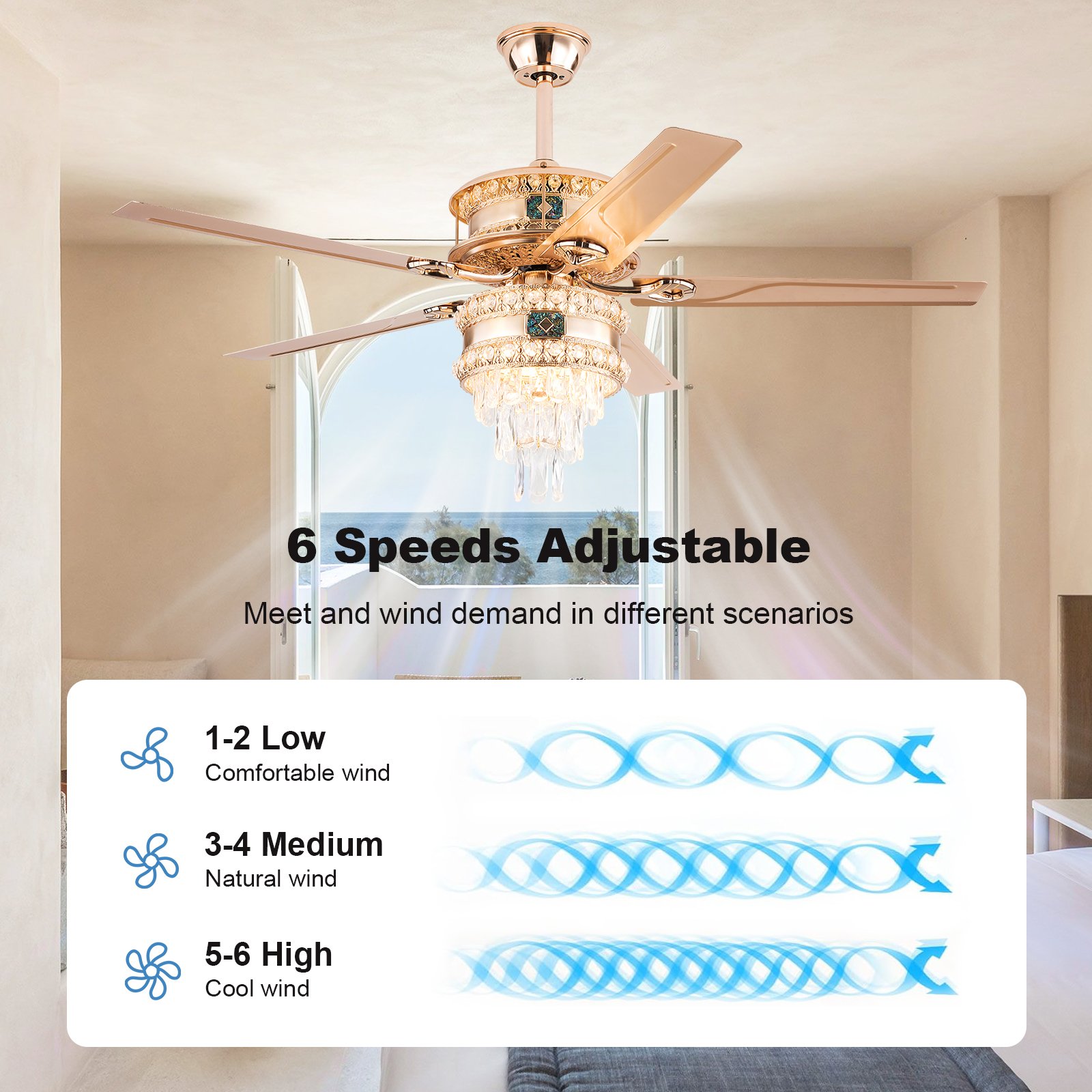 European Crystal Ceiling Fan with Light and Without Light Noiseless DC Motor Remote Control Mid-Century Indoor Fandelier