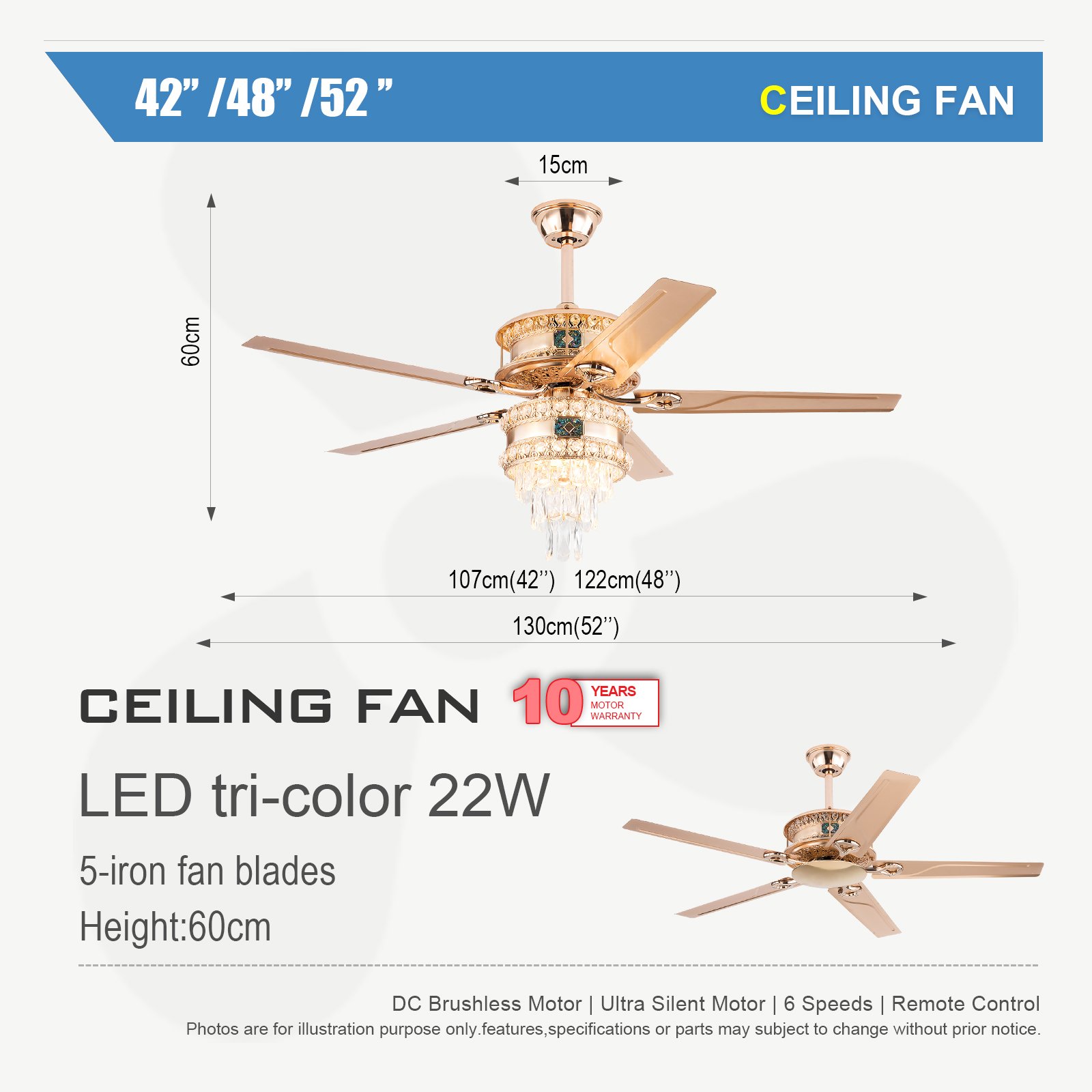 European Crystal Ceiling Fan with Light and Without Light Noiseless DC Motor Remote Control Mid-Century Indoor Fandelier
