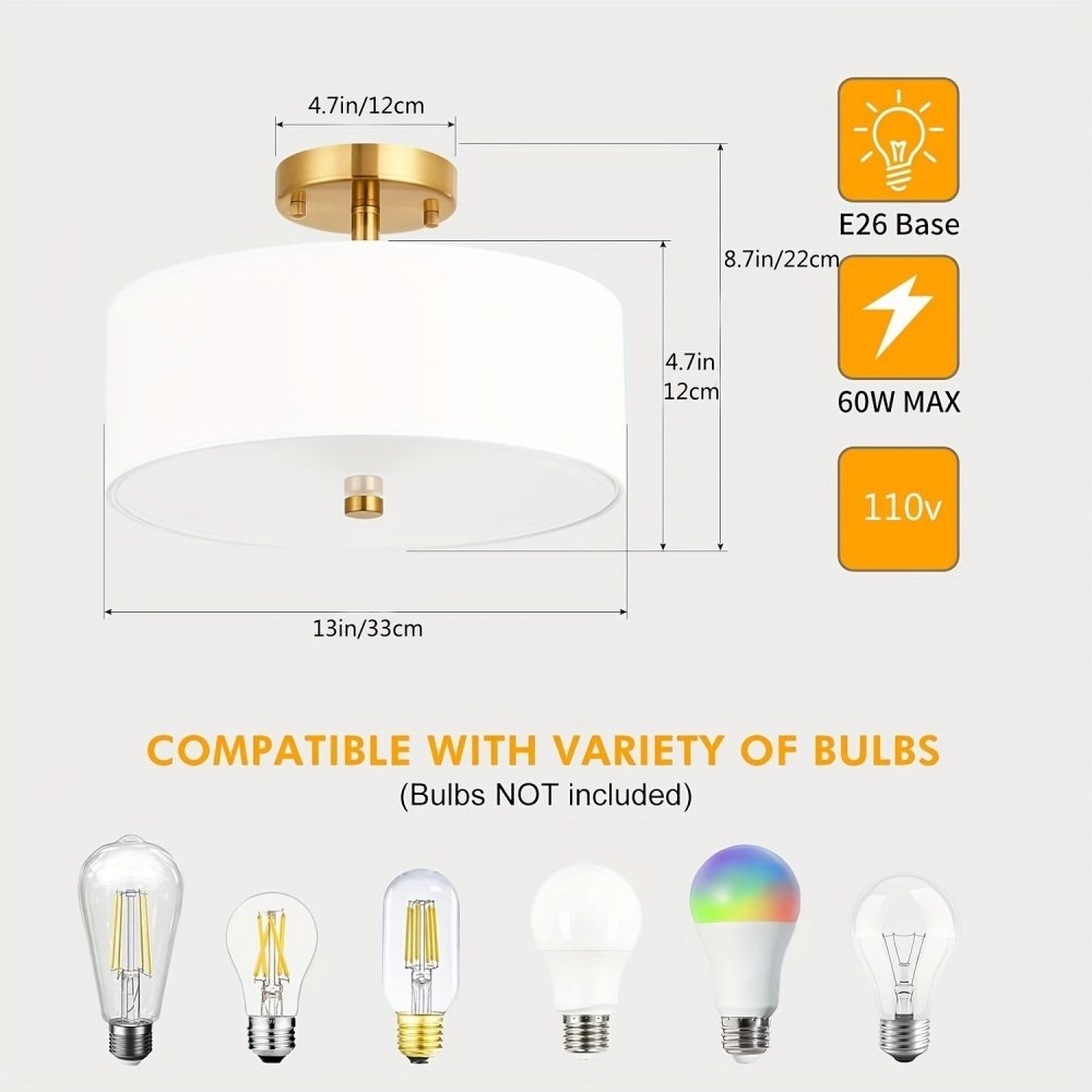 Round Brass Ceiling Lamp for Indoor Home Lighting Mounted Bedroom Living Room Ceiling Light Round Fabric Chandelier