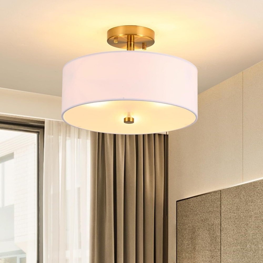 Round Brass Ceiling Lamp for Indoor Home Lighting Mounted Bedroom Living Room Ceiling Light Round Fabric Chandelier
