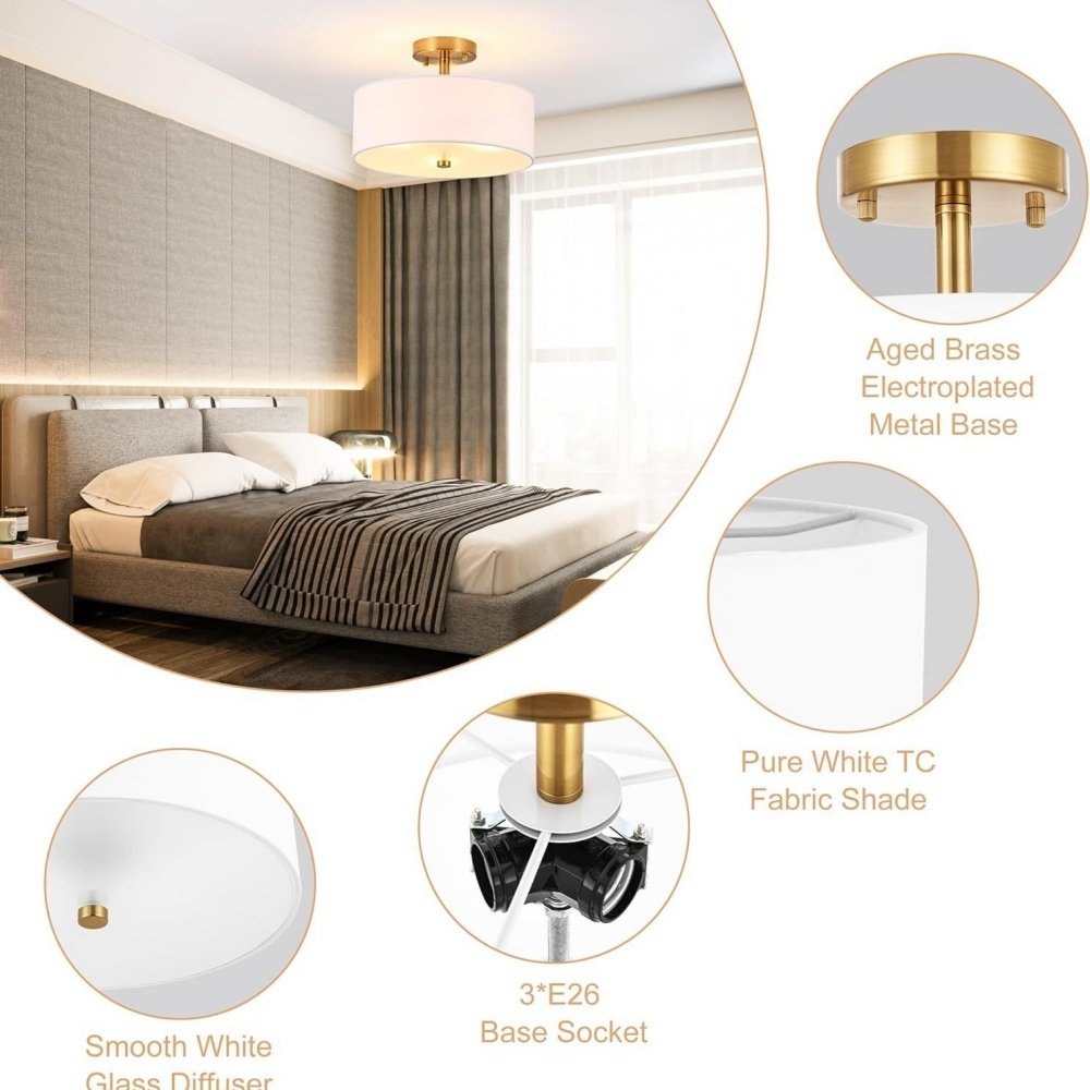 Round Brass Ceiling Lamp for Indoor Home Lighting Mounted Bedroom Living Room Ceiling Light Round Fabric Chandelier