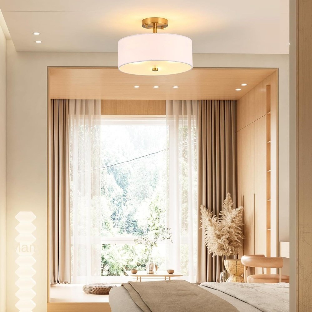 Round Brass Ceiling Lamp for Indoor Home Lighting Mounted Bedroom Living Room Ceiling Light Round Fabric Chandelier