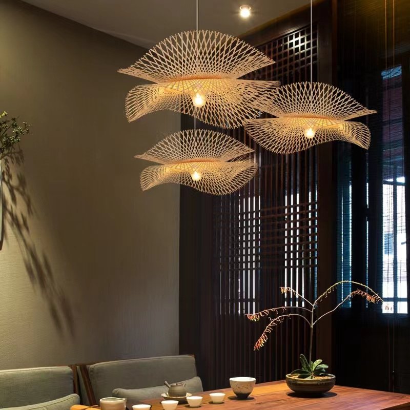 Hitecdad Chinese Minimalist Style Bamboo Woven Willow Chandelier Bedroom Lighting Shade Hanging Lamp Ceiling Chandelier