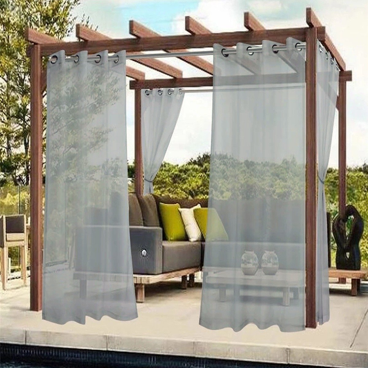 White Outdoor Sheer Curtains for Patio Waterproof Light Filtering Privacy Drapes for Living Room Gazebo Porch Balcony Pool