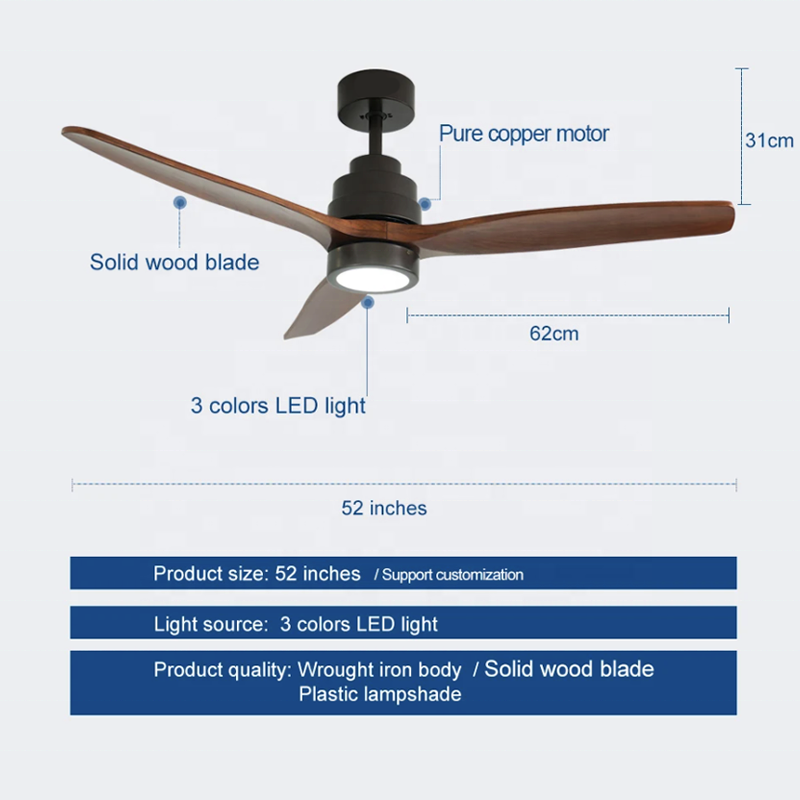 Wholesale Moderen Style Dc Motor Ceiling Fan Lights 52" 3 Wood Blades Reversible Ceiling Fan With Led Lights