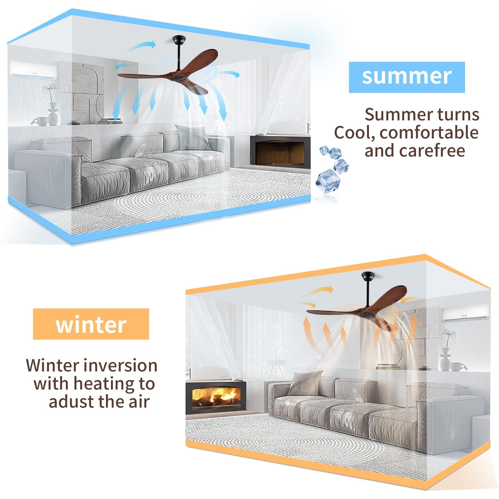 Modern Indoor Ceiling Fan No Light 52" Retro Wood 3 Balsa Reversible Noiseless DC Motor for Restaurant Living Room Ceiling Fans