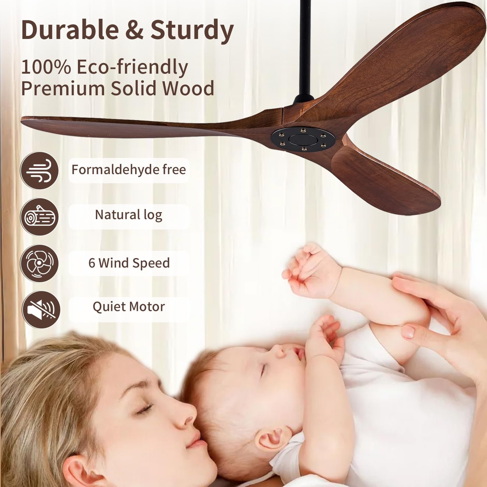 Modern Indoor Ceiling Fan No Light 52" Retro Wood 3 Balsa Reversible Noiseless DC Motor for Restaurant Living Room Ceiling Fans