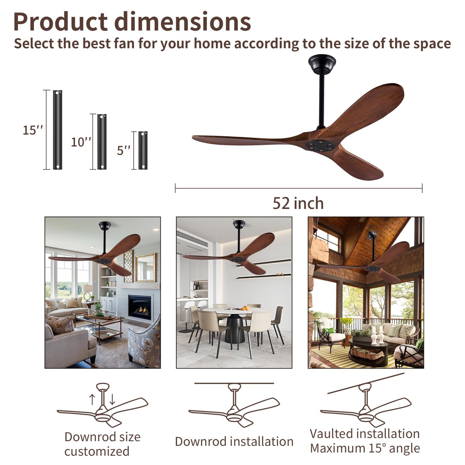 Modern Indoor Ceiling Fan No Light 52" Retro Wood 3 Balsa Reversible Noiseless DC Motor for Restaurant Living Room Ceiling Fans