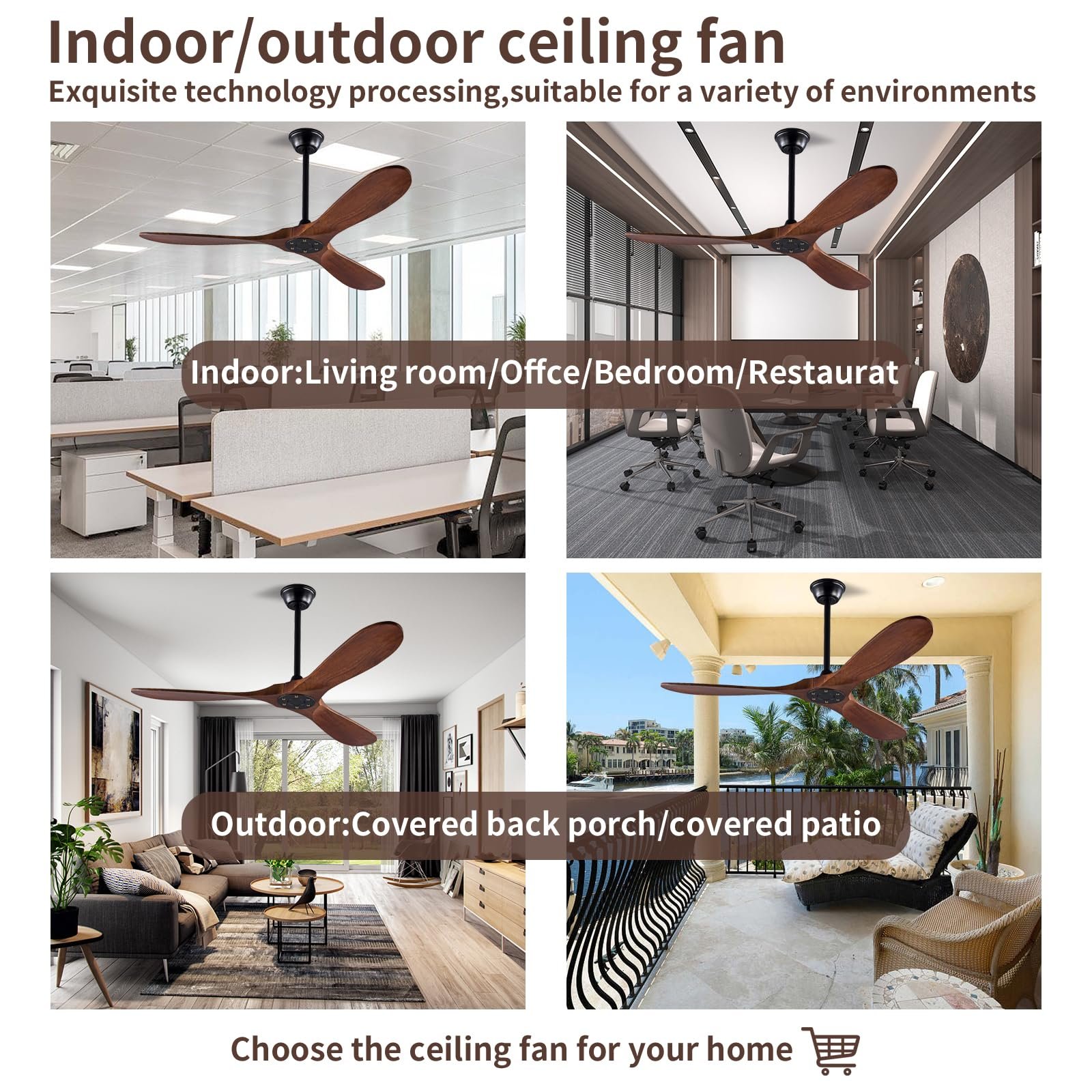 Modern Indoor Ceiling Fan No Light 52" Retro Wood 3 Balsa Reversible Noiseless DC Motor for Restaurant Living Room Ceiling Fans
