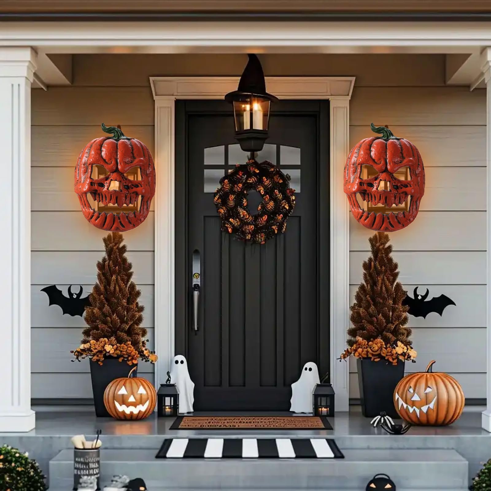2 Halloween pumpkin ornament light sets, porch, garage, front door, outdoor, ceiling lights, patio