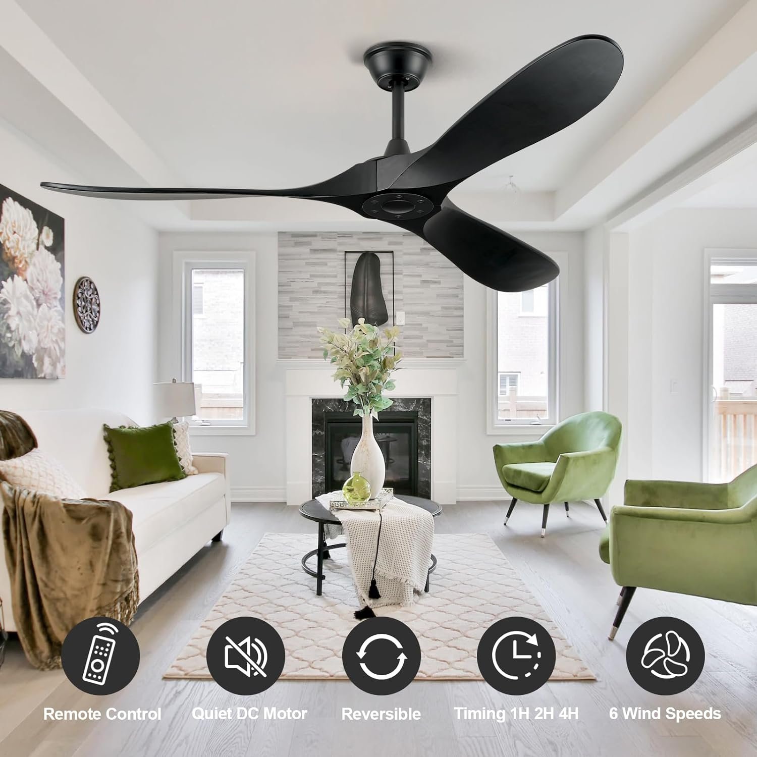 Simple Style 70Inch Black 3-Blade Indoor Large Ceiling Fan without Light