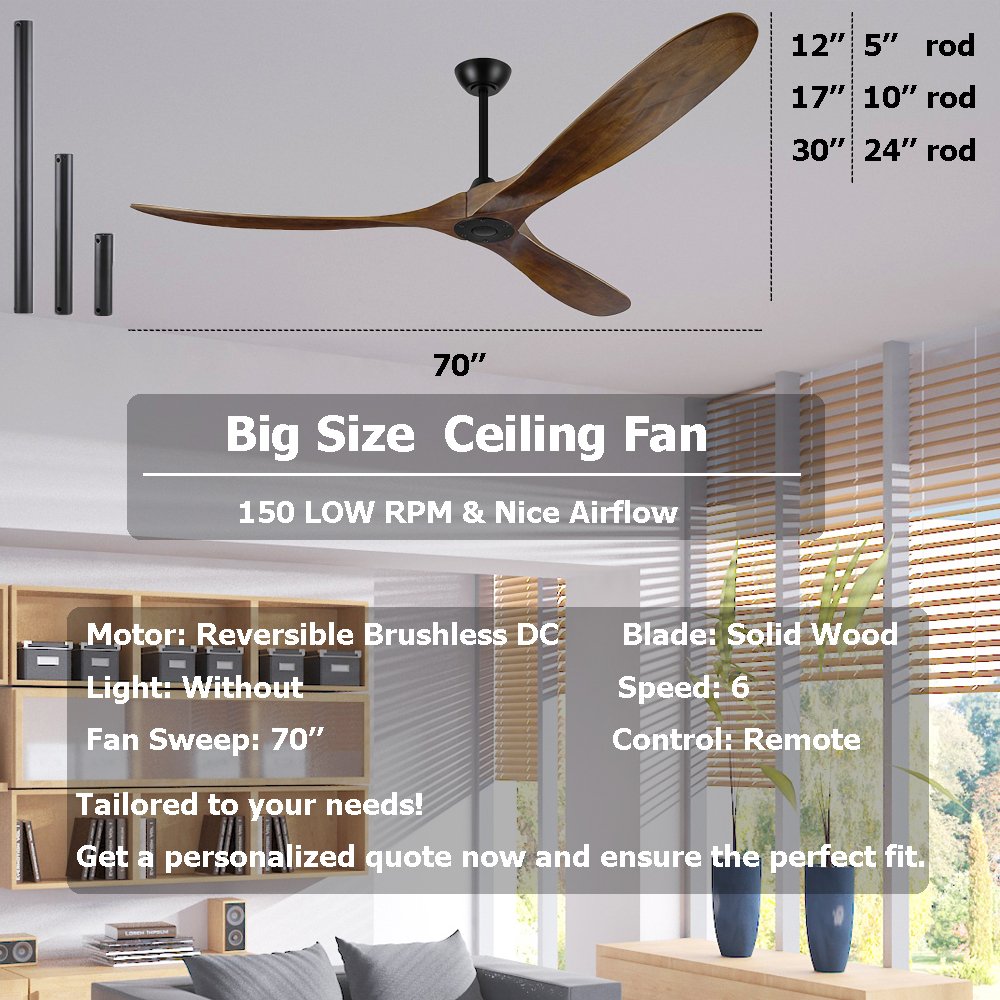 Modern Outdoor Patio Nice Airflow Remote Wall Control Available 70 inch large Real Wooden Blade Ceiling Fan Without Light