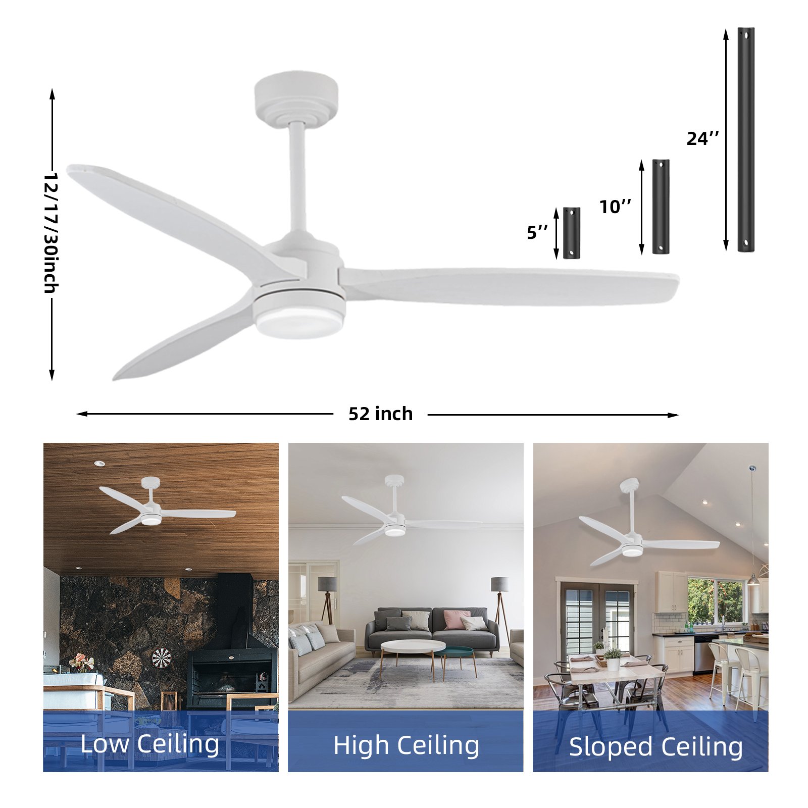 52 Inch Ceiling Fan with Lights and Remote Control, 3 Wood Blades Large Indoor Outdoor Fans for Living Rome Patios with DC Motor