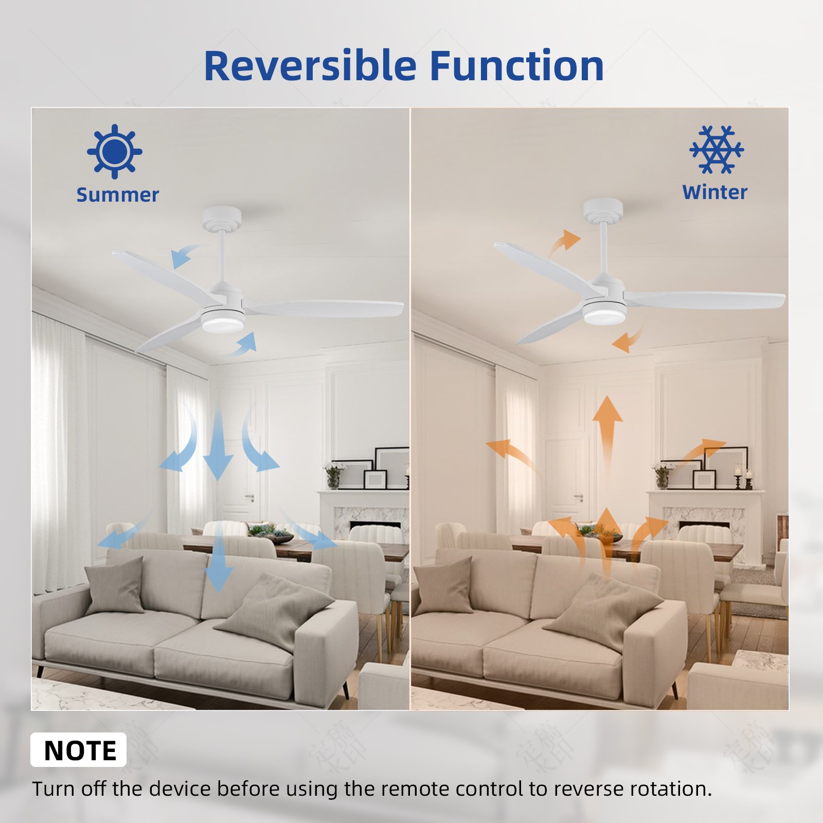 52 Inch Ceiling Fan with Lights and Remote Control, 3 Wood Blades Large Indoor Outdoor Fans for Living Rome Patios with DC Motor