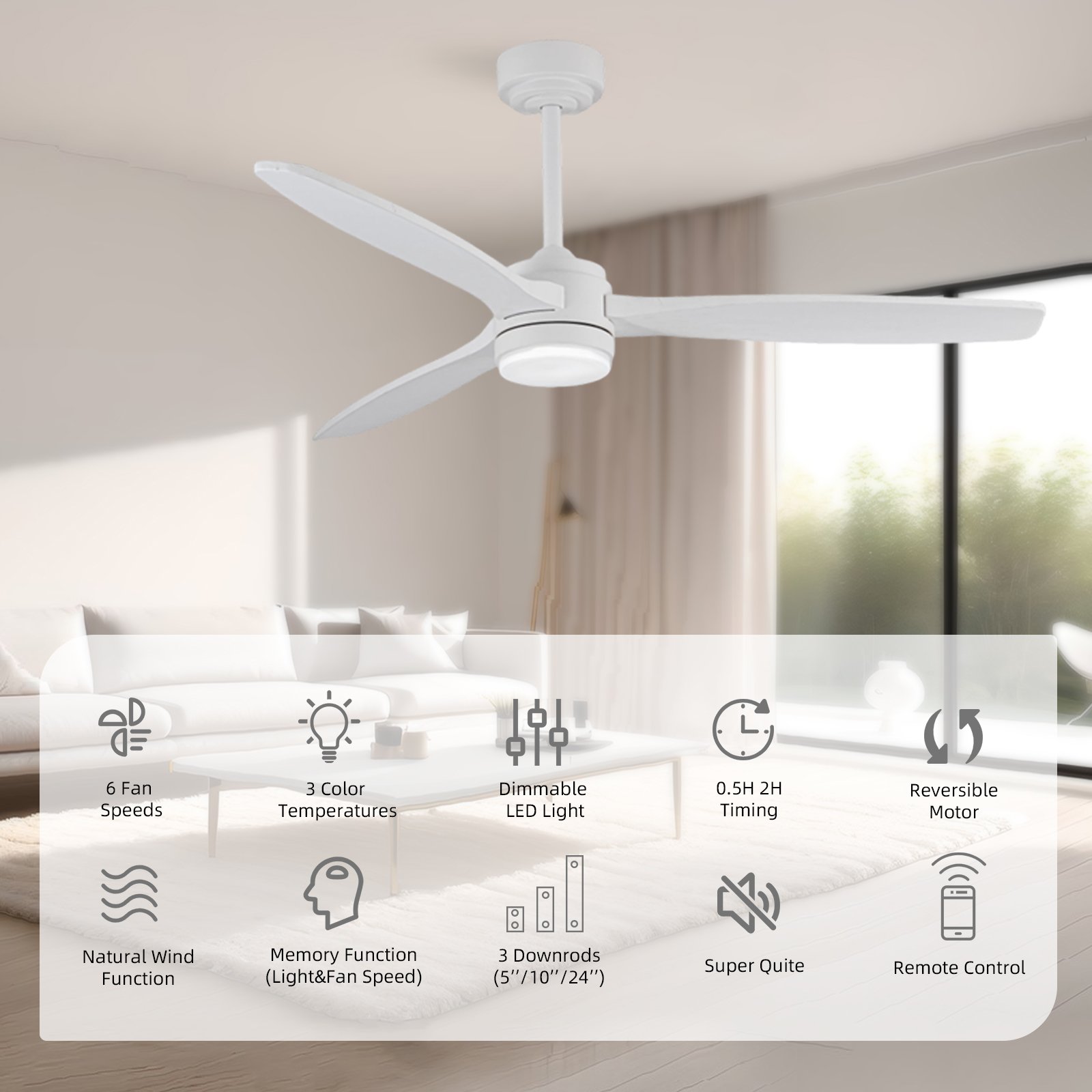 52 Inch Ceiling Fan with Lights and Remote Control, 3 Wood Blades Large Indoor Outdoor Fans for Living Rome Patios with DC Motor
